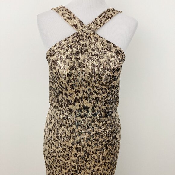 NWT La Femme Leopard Print Sequin Prom Dress Size 8 Criss Cross High Neck 28672 - Picture 3 of 13